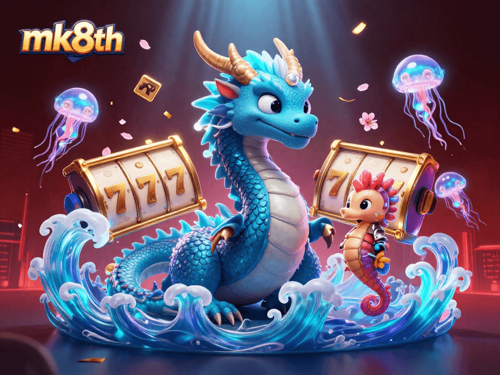Join the excitement at mk8th with a colorful underwater casino illustration featuring vibrant game elements.
