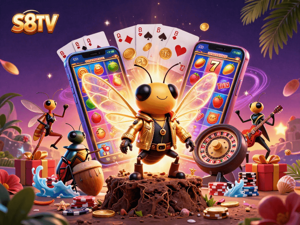 Engage with the S8TV dynamic casino world featuring a rock star cicada, vibrant slots, and fun gaming elements.