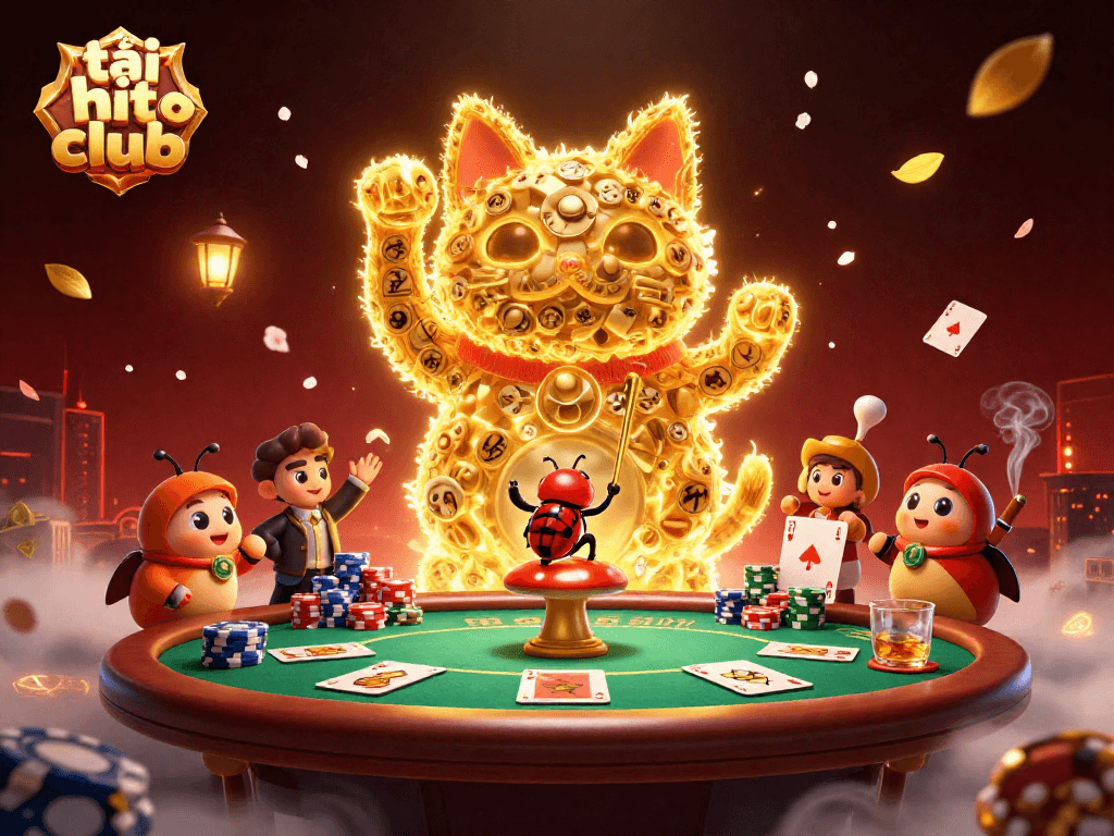 Play games at tải hit club with the giant lucky cat guiding your lucky journey in a vibrant casino