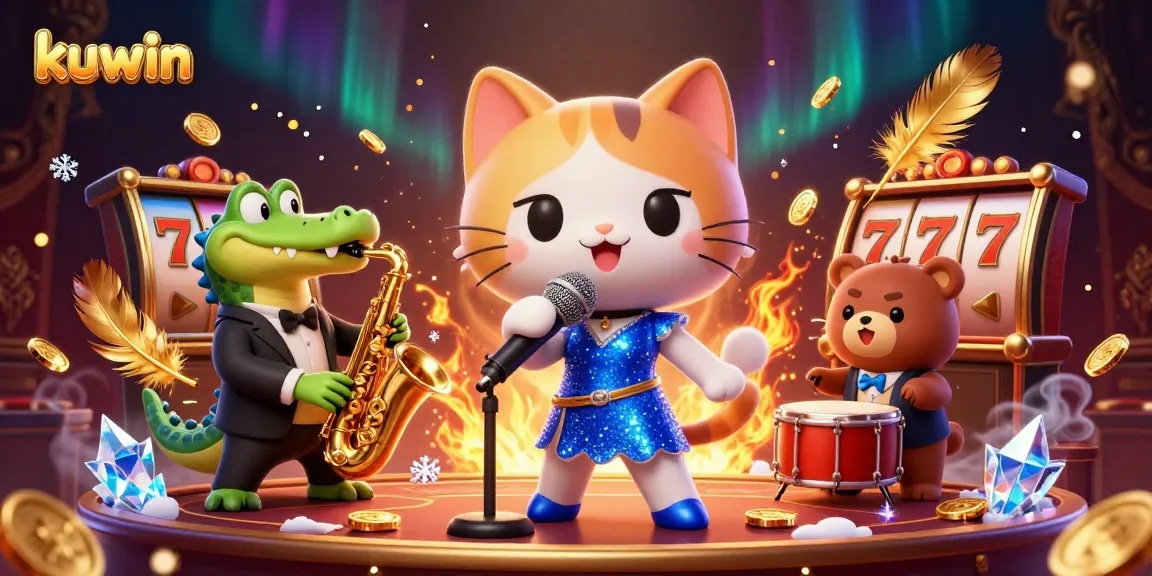 Engage with kuwin as the animated characters perform exciting casino games in a lively scene.