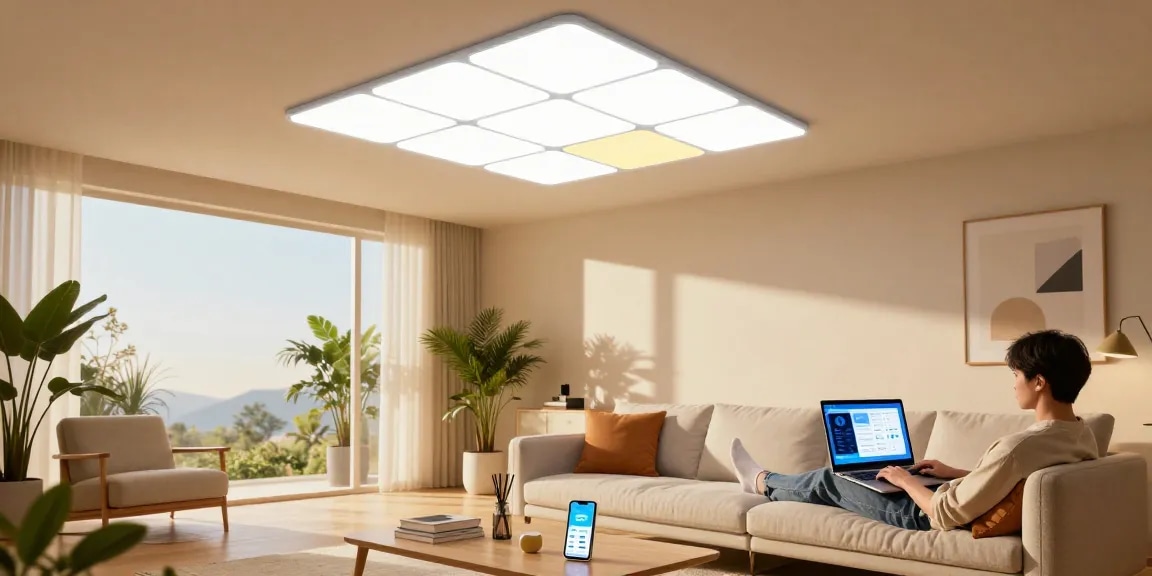 Nanoleaf Skylight Test 2026 showcasing a stylish living room with smart lighting and cozy decor.