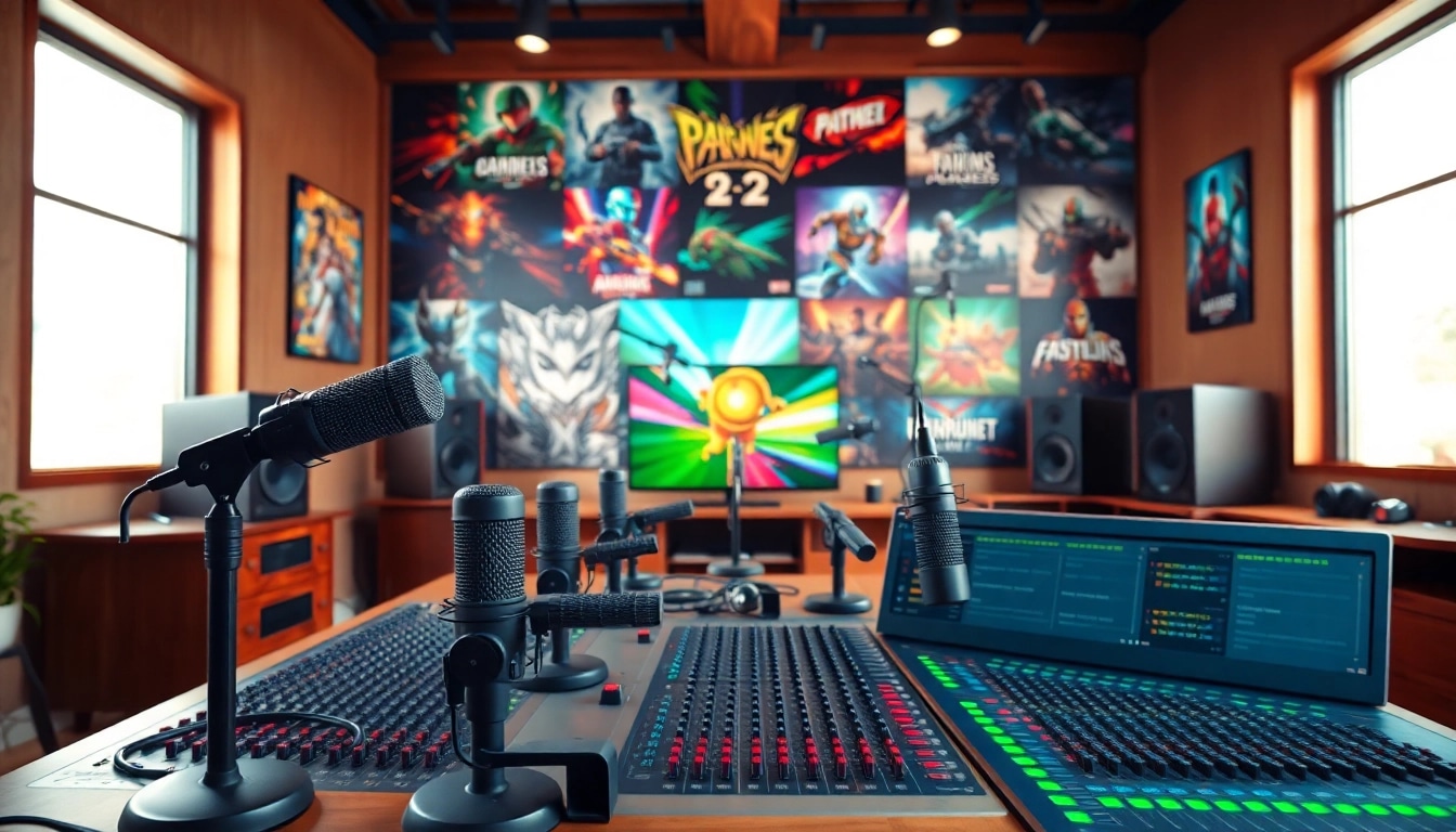 Set up for Gaming Podcast recording with microphones and colorful posters