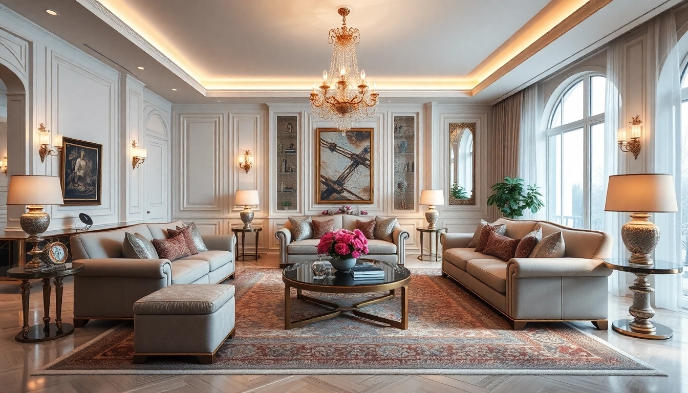 Luxury living room featuring elegant furnishings and soft ambient lighting.