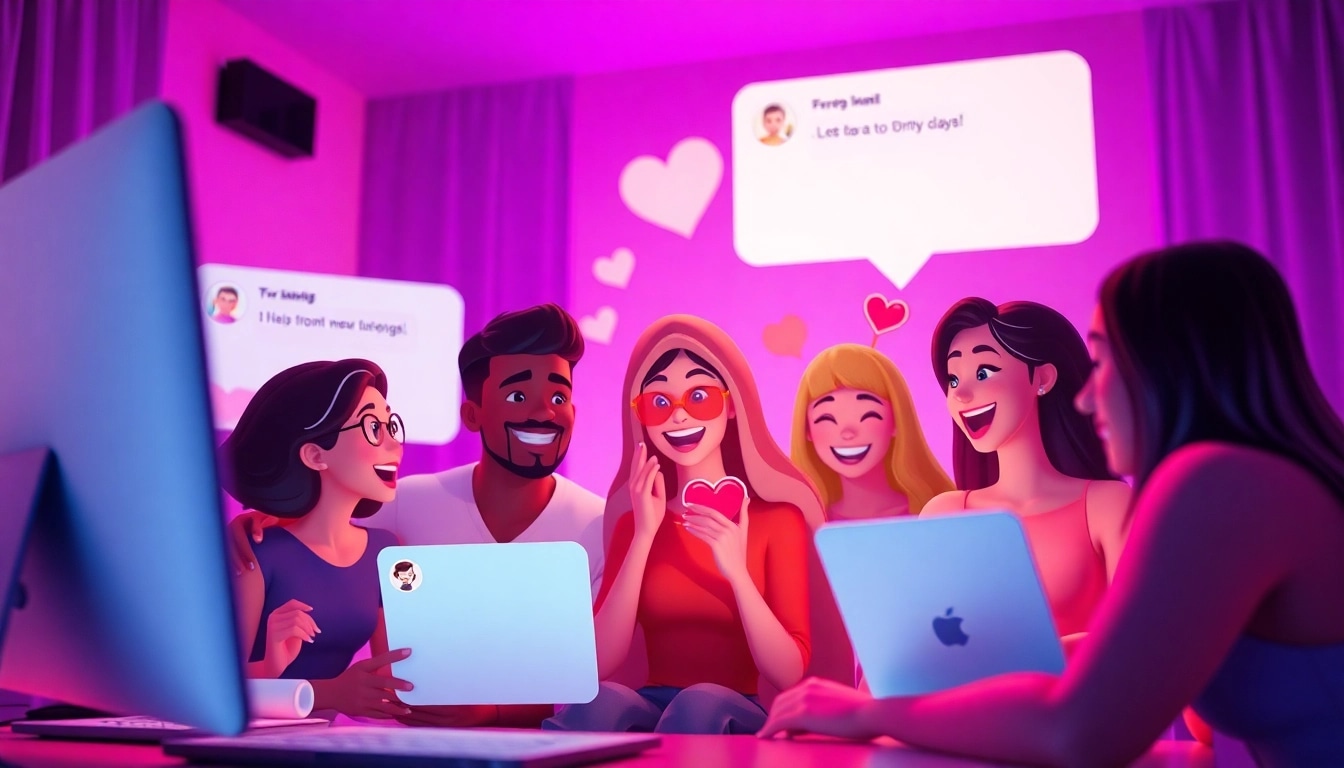 Engaging virtual sex chat room with diverse avatars and lively interactions.