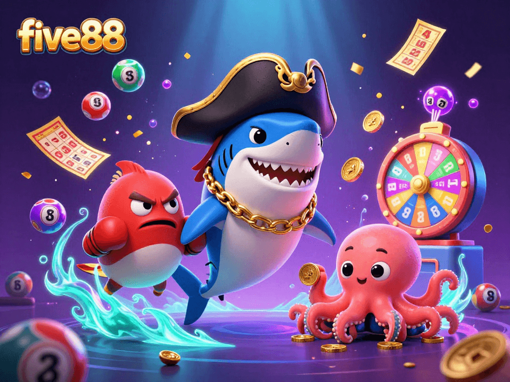 Engage with five88's exciting games featuring a playful pirate shark, winning lottery balls, and golden rewards.