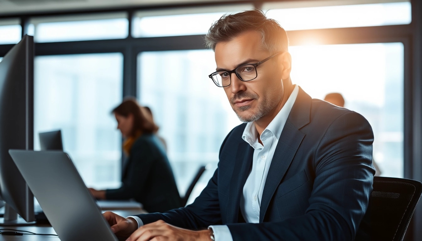 Headhunter IT arbeitet fokussiert in modernem Büro mit Laptop.