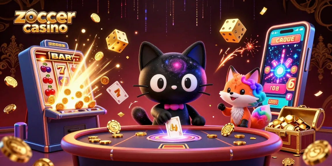 Win big with zoccer casino, featuring a cartoon black hole cat at a cosmic casino table.