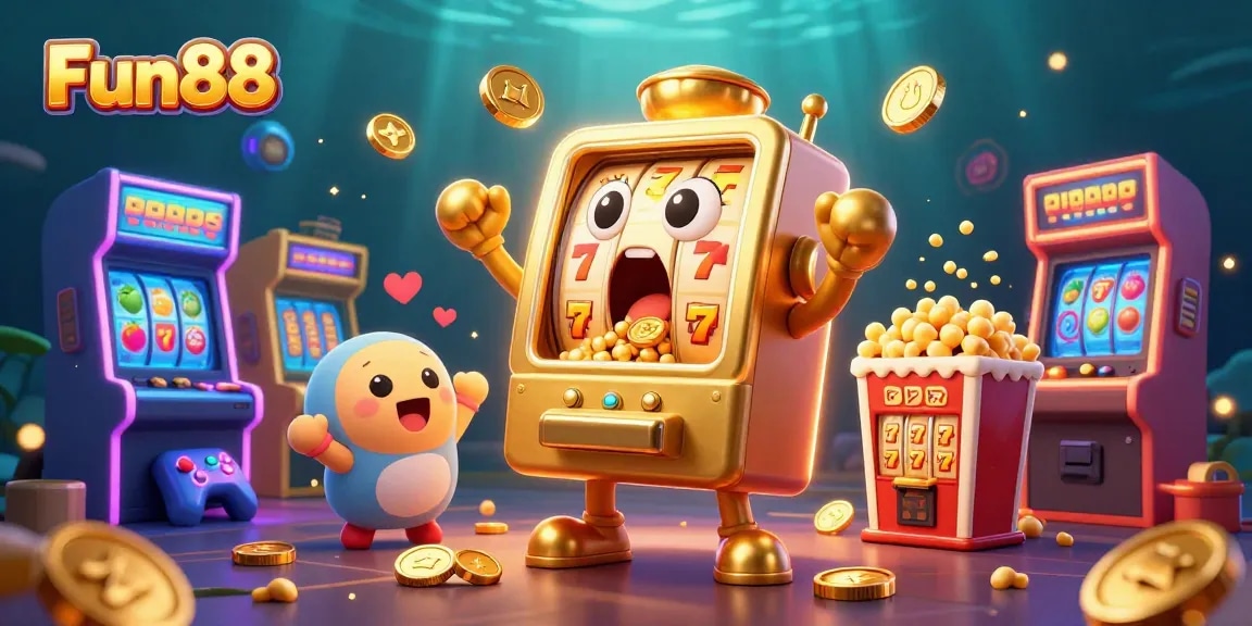 Fun88 slot machine celebrates a jackpot with coins pouring out, surrounded by vibrant gaming elements.