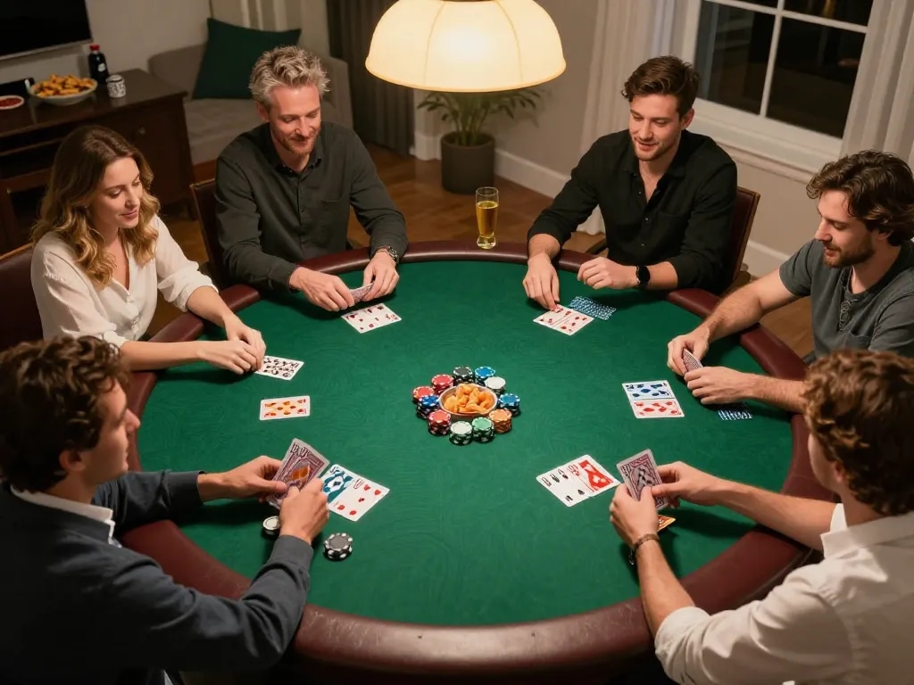 Player's hand holding cards during home game night, showcasing a KI Detektor deutsch experience with social interaction and strategy