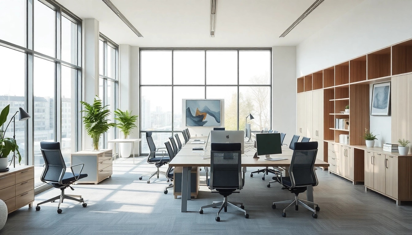 Büromöbel in einem modernen Büro mit ergonomischem Design, passenden Pflanzen und großer Fensterfront.