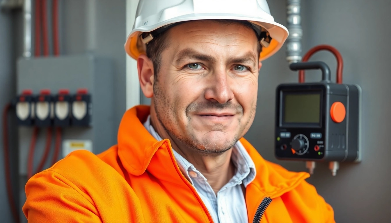Elektriker führt die DGUV V3 Prüfung mit einem Prüfgerät durch, um die Sicherheit elektrischer Anlagen zu gewährleisten.