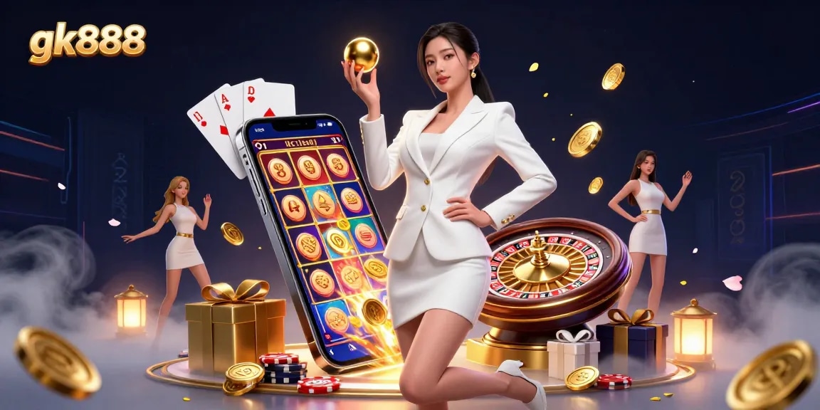 Spin and win with gk888 in this vibrant virtual casino scene featuring stylish elements.