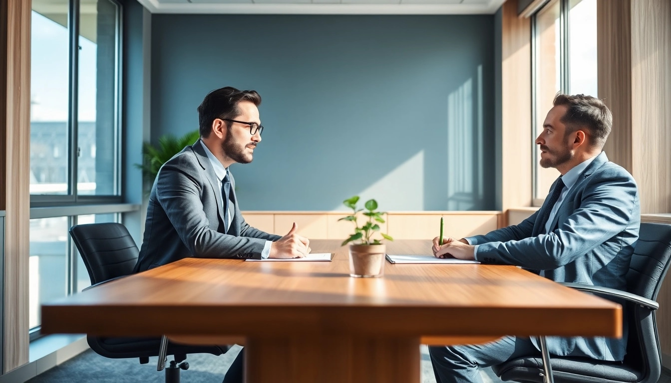 Headhunter CEO führt ein informatives Gespräch mit einem Kandidaten in einem modernen Büro.