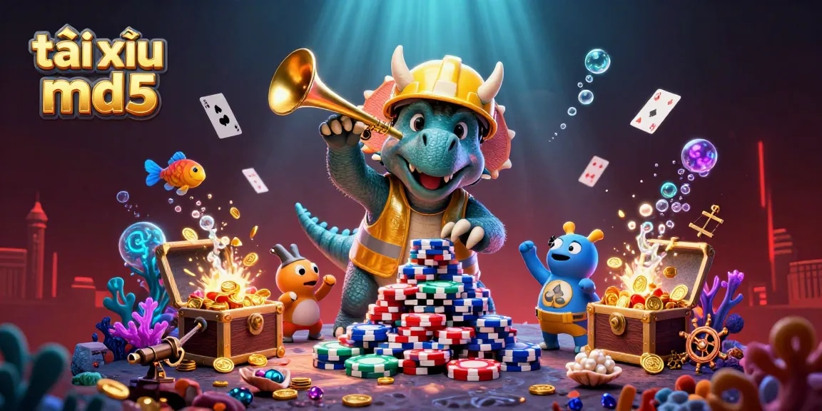 Engage with the vibrant world of tài xỉu md5 as a triceratops builds poker chip pyramids.