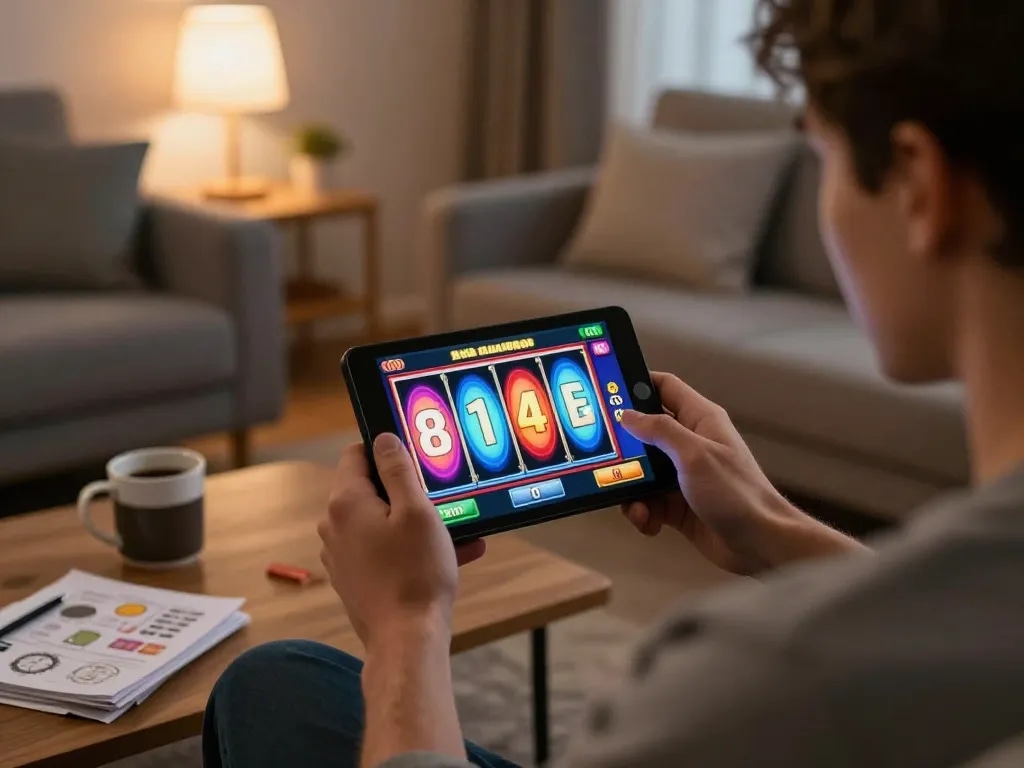 Player enjoying engaging slot game on 3win mobile app in cozy living room.