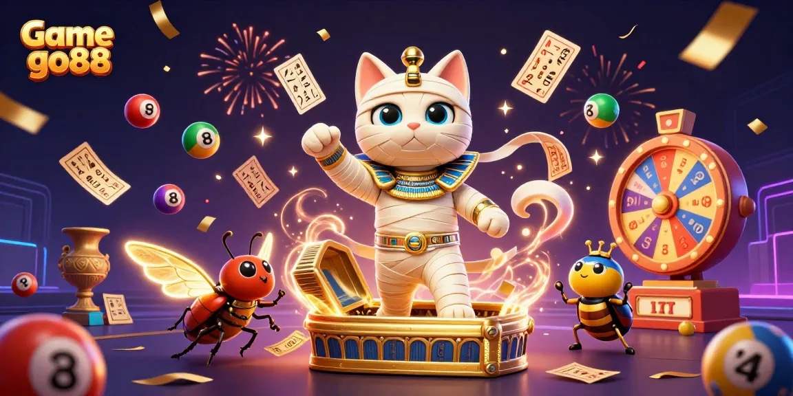 Engage in thrilling experiences at Game go88 with vibrant art depicting a mummy cat in a pyramid casino.