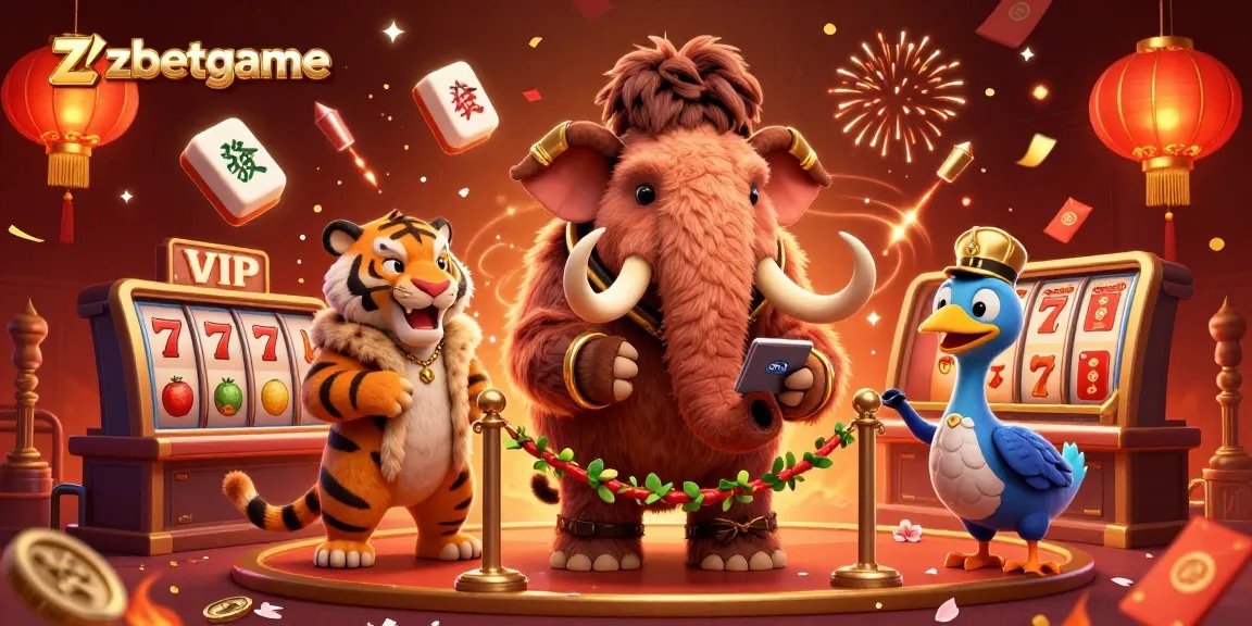 Zbetgame showcases a plush casino scene with mammoth bouncers and vibrant gaming elements.