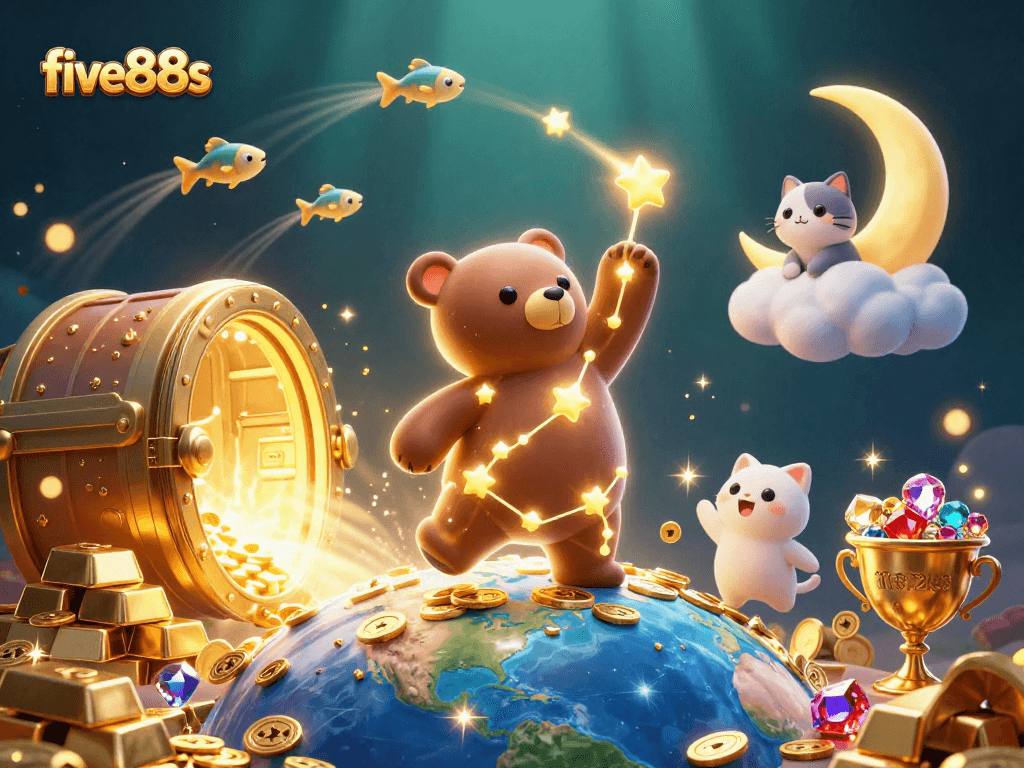 Experience the excitement at five88s with a vibrant scene of a constellation bear scooping coins amidst treasures in a magical casino.