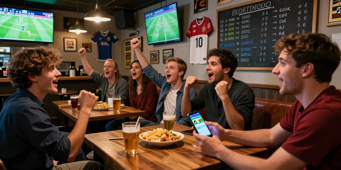 Fußballwetten in einer lebhaften Sportsbar mit Freunden, die auf ihren Mobilgeräten wetten.
