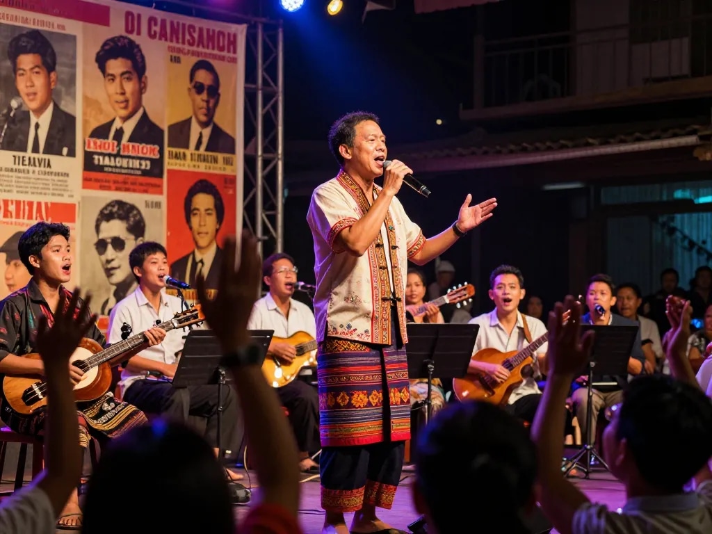 Sinn Sisamouth live bei einer Aufführung, das Publikum mit Khmer-Musik fesselnd.