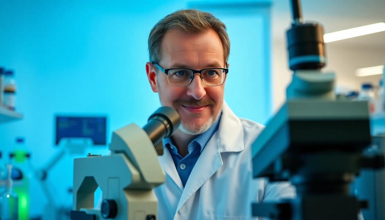 Stephan Becker, Virologe, bei einer Mikroskopbeobachtung in seinem Labor, umgeben von wissenschaftlichen Geräten.