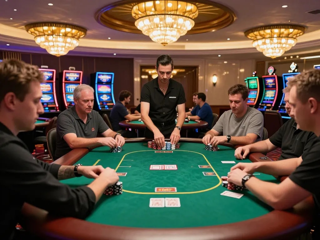 Experience high-stakes gaming at VMAX casino with players engaging in strategic poker action