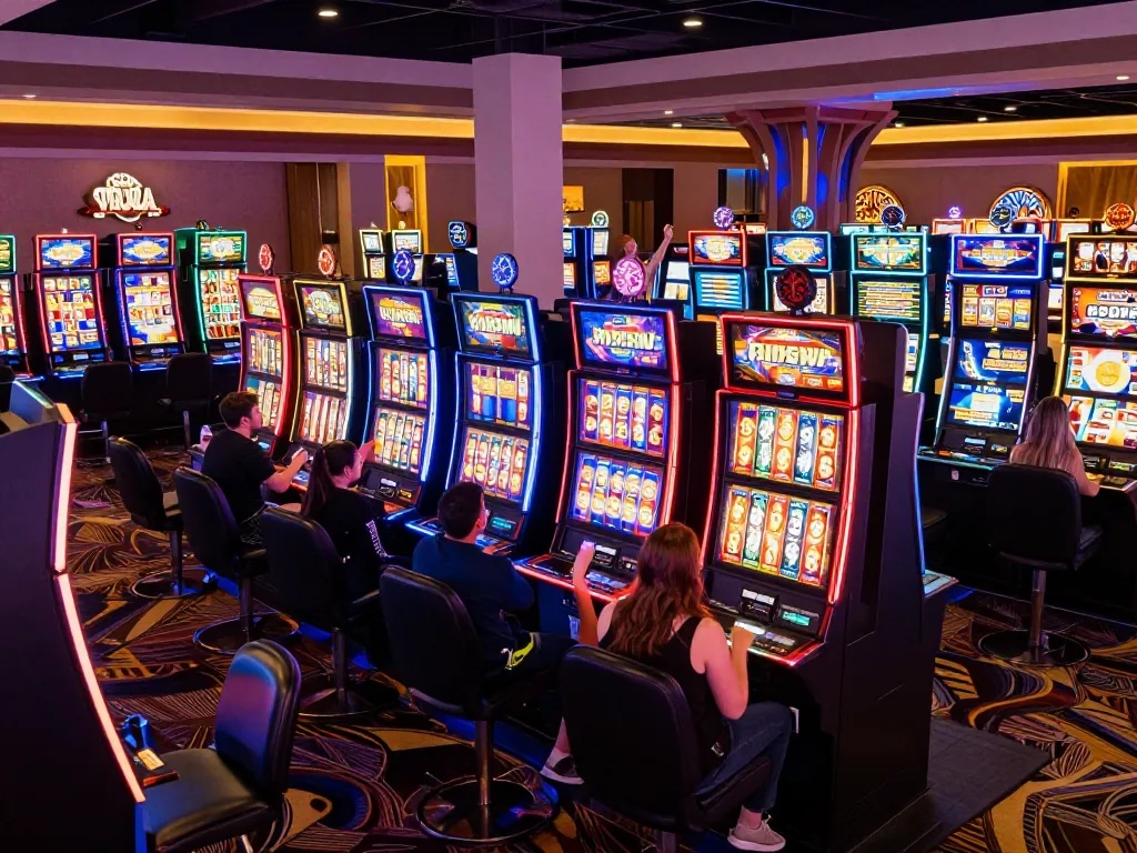 Players enjoying the thrill of slot machines at Go8 casino, experiencing big wins and vibrant lights.