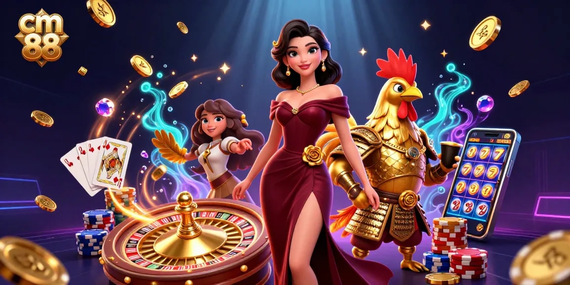 Experience thrilling gaming at cm 88 with vibrant 3D casino illustration and dynamic characters.