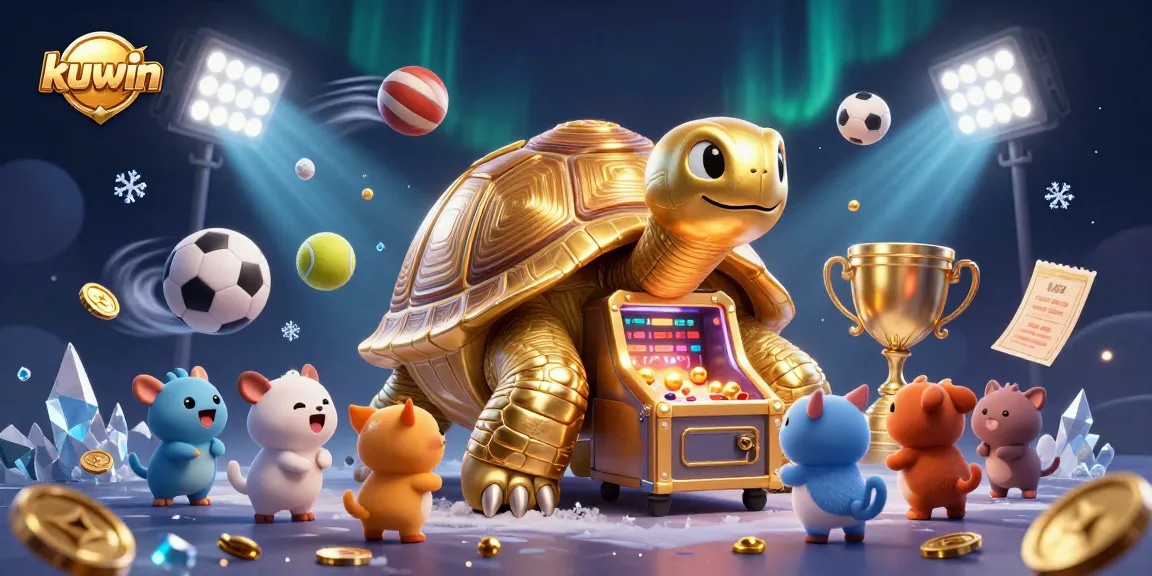 Engage in thrilling gaming with kuwin's colorful 3D illustration depicting a golden tortoise pinball machine.