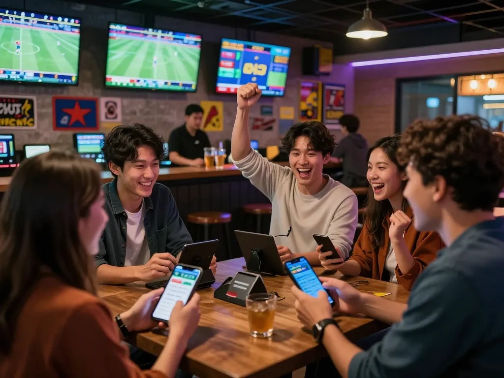 Fans engaged in sports betting using mobile apps, featuring today's tỷ lệ kèo nhà cái hôm nay, vibrant sports bar atmosphere.