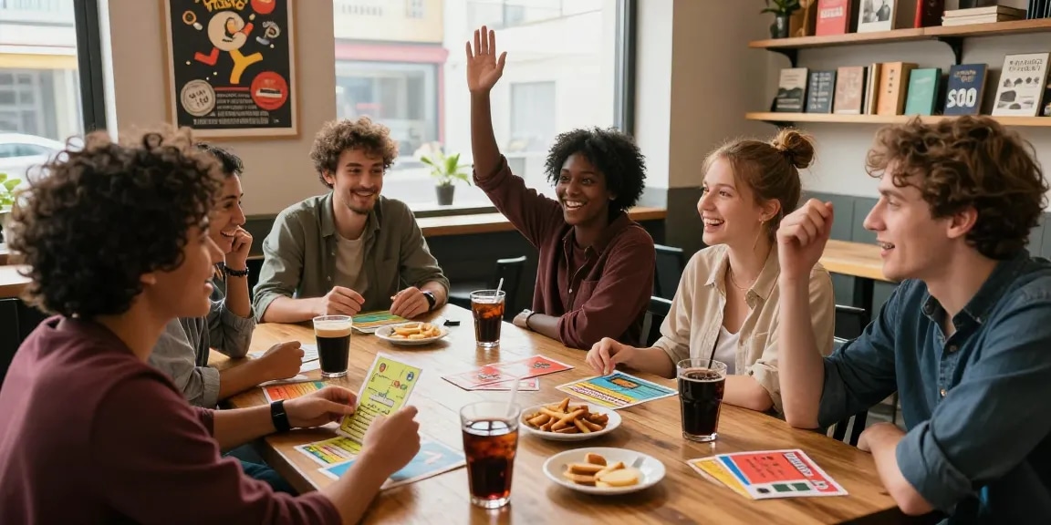 Quiz Allgemeinwissen in einem lebhaften Café mit Freunden, die Fragen diskutieren und Snacks genießen.