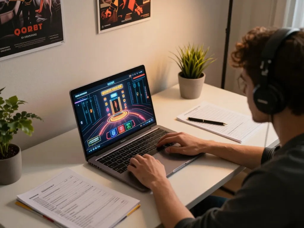 Action at Man 88 online gaming setup, showcasing gameplay on a laptop with strategy notes nearby.