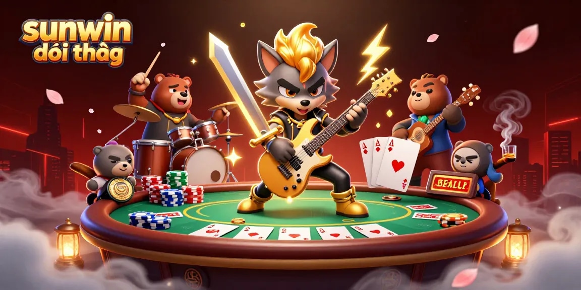 Experience sunwin đổi thưởng excitement with rock star characters in a vibrant casino scene full of action.
