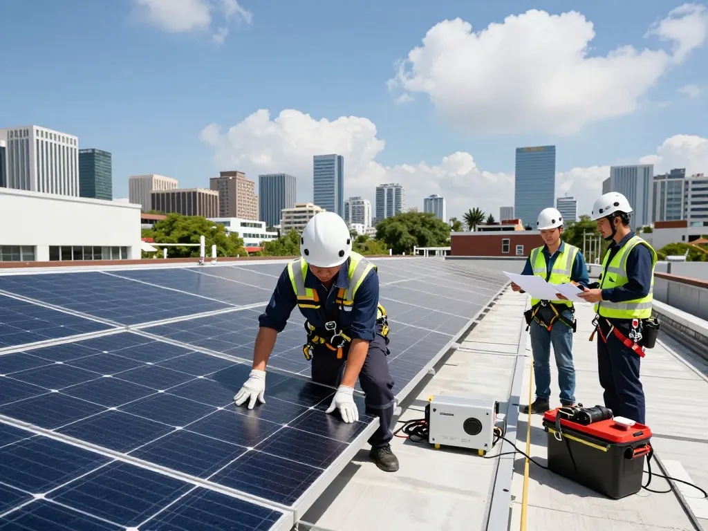 Installation von Solarpanels in städtischer Umgebung, die die Photovoltaik Wien Lösungen für erneuerbare Energien hervorhebt.