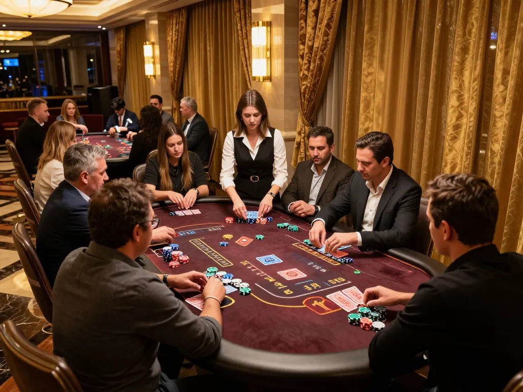 Beteiligte Spieler an einem Blackjack-Tisch, die Einblicke von Immobilienmakler Frankfurt Riedberg zu Immobilieninvestitionen präsentieren.