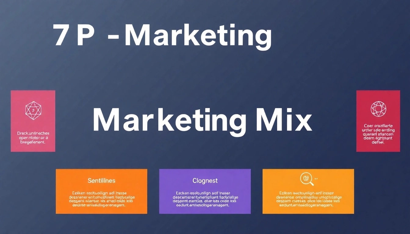 Grafik des 7P-Marketing-Mix, die die Konzepte Produkte, Preis, Platz, Promotion, Menschen, Prozesse und physische Beweise darstellt.
