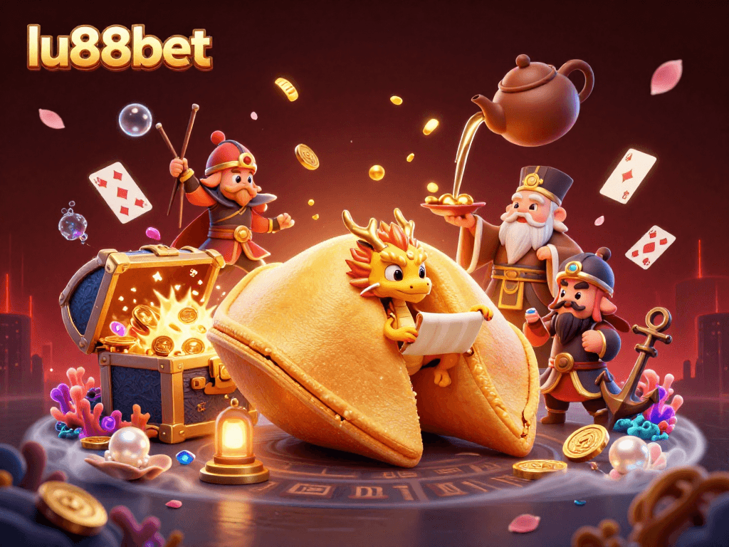 Experience the thrill of lu88bet's casino games with a vibrant 3D illustration showcasing golden treasures and dynamic characters.