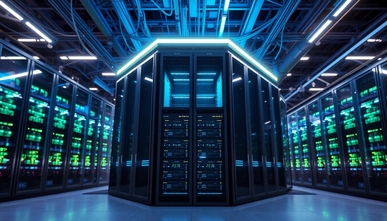 Visualisieren Sie die bahnbrechenden Windows Server 2025 Enterprise Features in einem modernen Rechenzentrum mit beeindruckenden Server-Racks und LED-Beleuchtung.