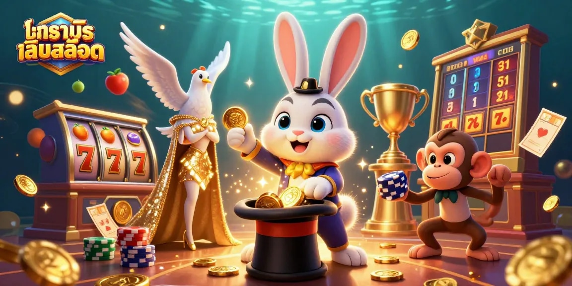 Engage in thrilling ทดลองเล่นสล็อต sessions with a magician rabbit and slot reels in this vibrant casino scene.