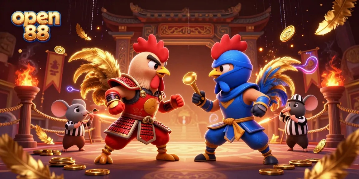 Join the open 88 showdown with dynamic roosters and exciting casino elements, capturing the thrilling betting atmosphere.