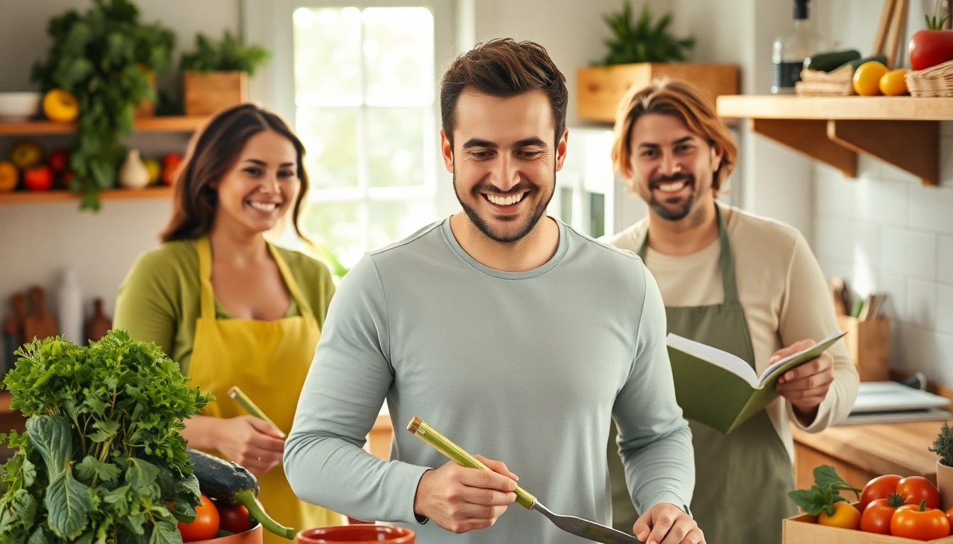 Motivierter Mensch zeigt gesunde Rezepte zur Unterstützung von Gewichtsverlust in einer hellen Küche.