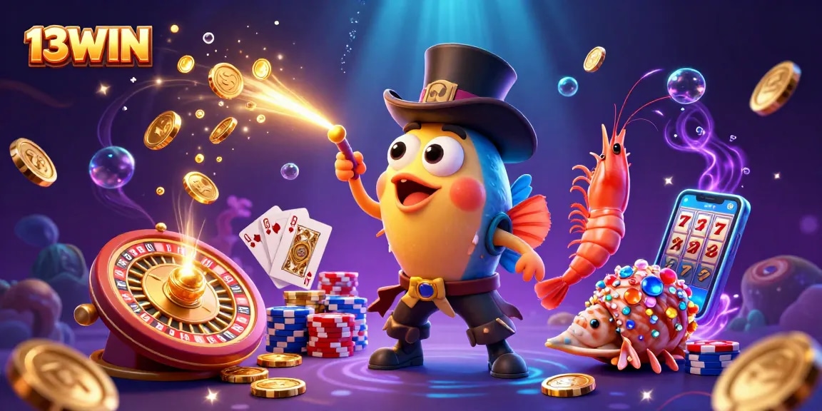Experience vibrant action with 13WIN, as golden coins cascade around a deep-sea anglerfish, shrimp, and sea snail in a dynamic gaming scene.
