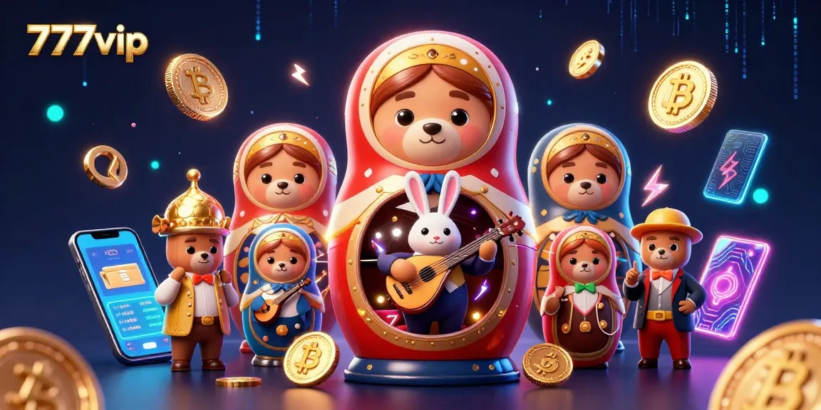 Engage with 777vip's exciting casino atmosphere featuring cartoon characters and vibrant crypto elements.