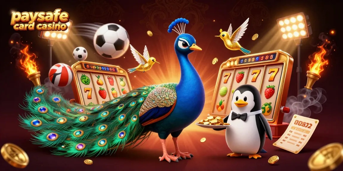 Interagieren Sie mit der lebhaften Paysafe Card Casino-Illustration, die einen Pfau, einen Pinguin und einen Kolibri in Aktion zeigt.
