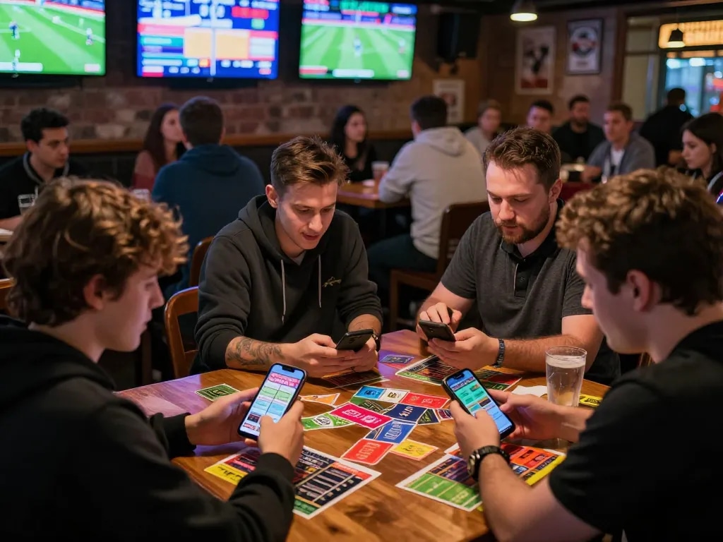 King88 patrons engaged in live sports betting, with excited energy in a vibrant setting.