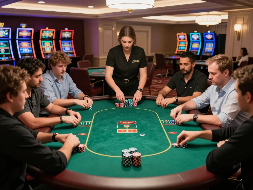 Engaged players at MK8 poker table strategizing bets in a vibrant casino atmosphere