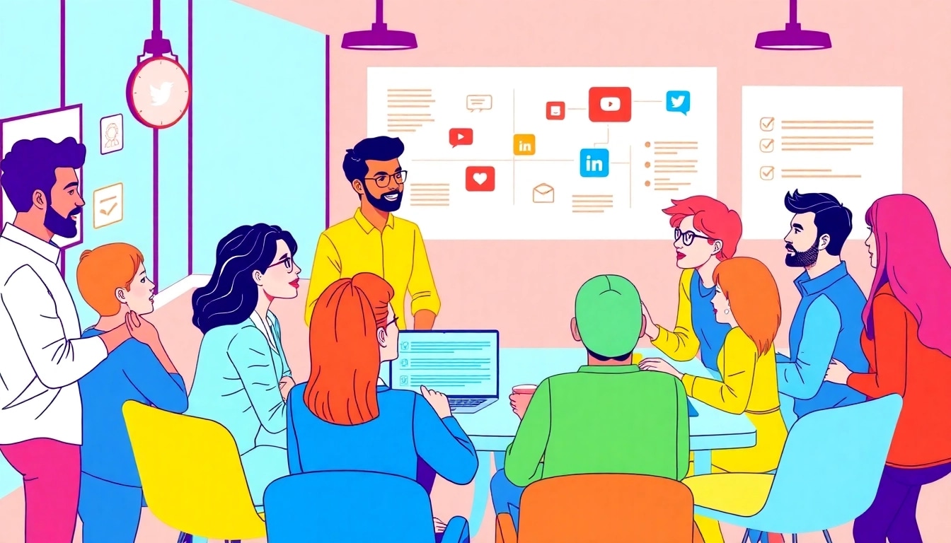 Engage with a social-media-marketingstrategie discussion featuring diverse professionals collaborating effectively.