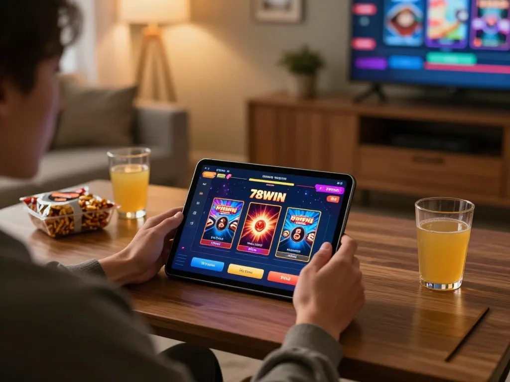 Engaging online gaming experience with 78WIN showcased on a tablet screen, player focused in a cozy setting.