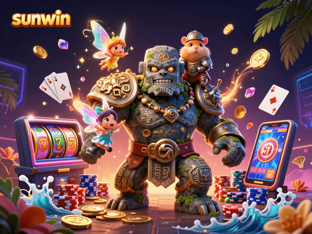 Experience the thrill of sunwin with magical characters amidst a dazzling casino scene.