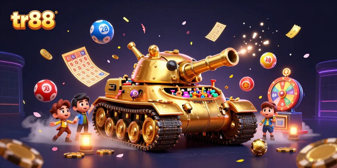 Experience the thrill of tr88 in this vibrant casino illustration featuring exciting games and lottery elements.
